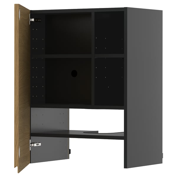 METOD wall cb f extr hood w shlf/door, black-grey/Voxtorp oak effect, 60x80 cm