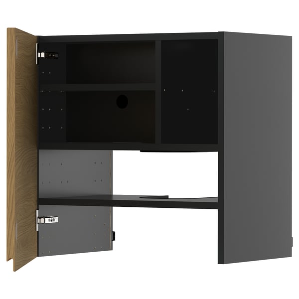METOD wall cb f extr hood w shlf/door, black-grey/Voxtorp oak effect, 60x60 cm