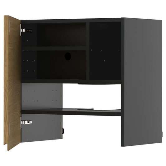 METOD - METOD Wall cb f extr hood w shlf/door, black-grey/Voxtorp oak effect, 60x60 cm