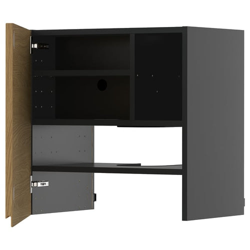 METOD wall cb f extr hood w shlf/door, black-grey/Voxtorp oak effect, 60x60 cm