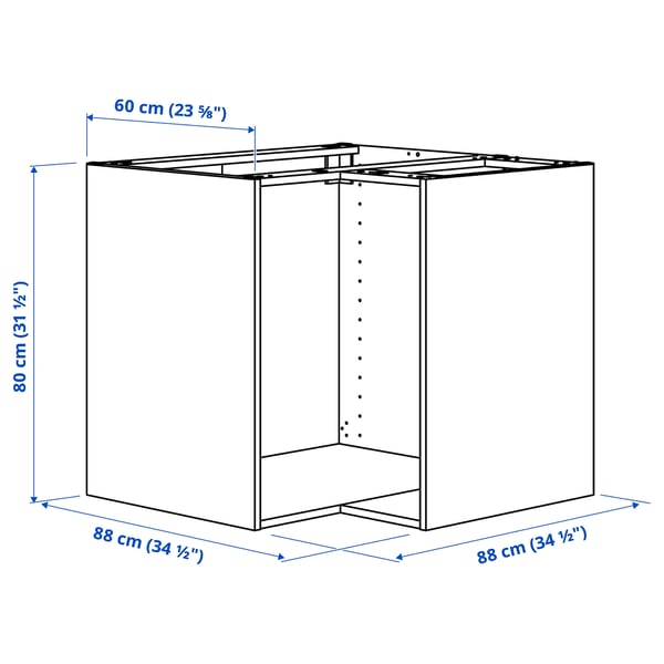 METOD - Structure for corner base cabinet, white, 88x60x80 cm - Depth without suspension rail: 86.5 cm Depth with suspension rail: 87.5 cm Width: 87.5 cm System depth: 60.0 cm Depth: 58.8 cm Height: 80.0 cm.