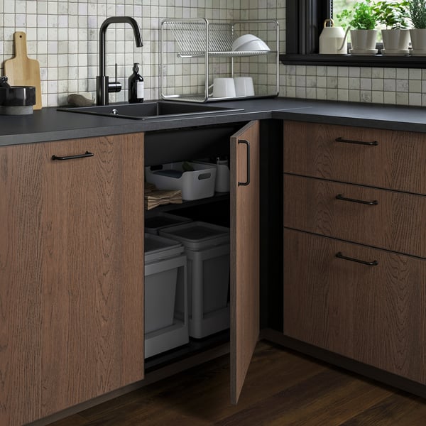 METOD corner base cabinet, black-grey, 128x60x80 cm