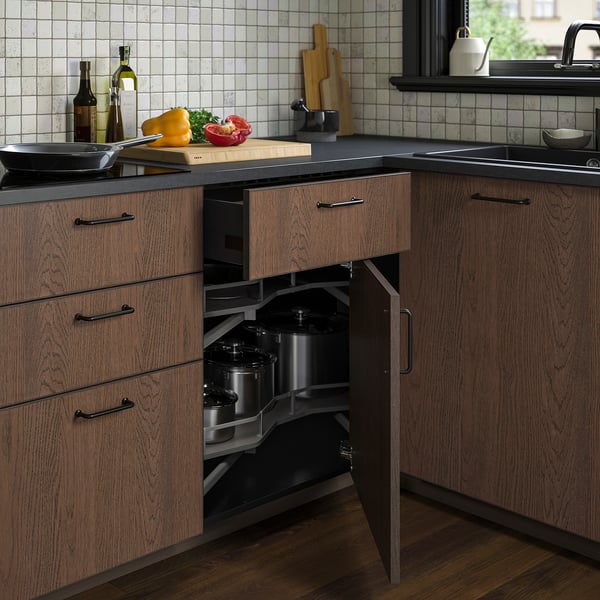 METOD corner base cabinet, black-grey, 128x60x80 cm