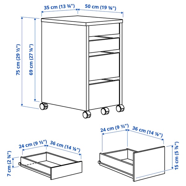 MICKE drawer unit on castors, white, 35x75 cm