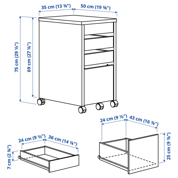 MICKE drawer unit with drop-file storage, white, 35x75 cm