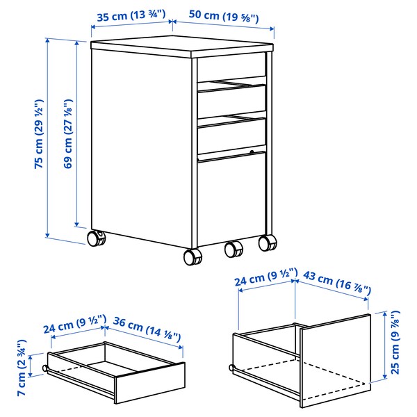 MICKE drawer unit with drop-file storage, black-brown, 35x75 cm