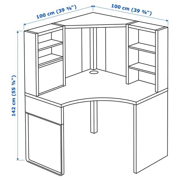 MICKE corner workstation, white, 100x142 cm
