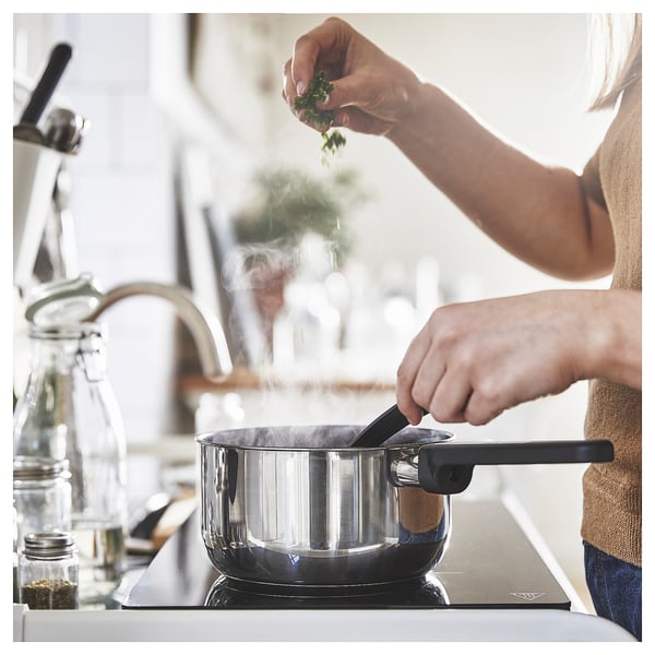 MIDDAGSMAT saucepan with lid, non-stick coating clear glass/stainless steel, 2 l
