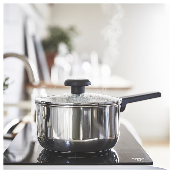 MIDDAGSMAT saucepan with lid, non-stick coating clear glass/stainless steel, 2 l