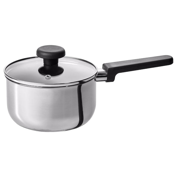 MIDDAGSMAT - Saucepan with lid, non-stick coating clear glass/stainless steel, 2 l