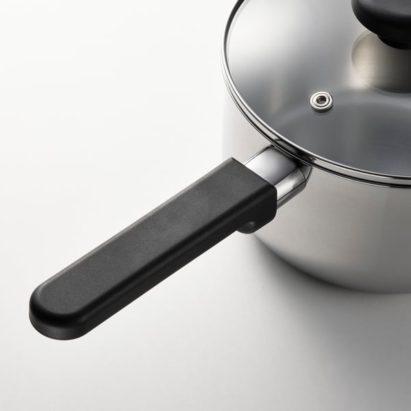 MIDDAGSMAT saucepan with lid, clear glass/stainless steel, 2 l