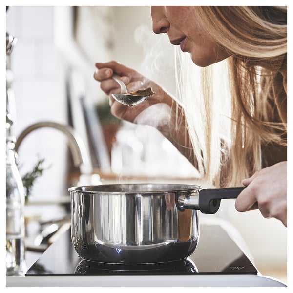 MIDDAGSMAT saucepan with lid, clear glass/stainless steel, 2 l
