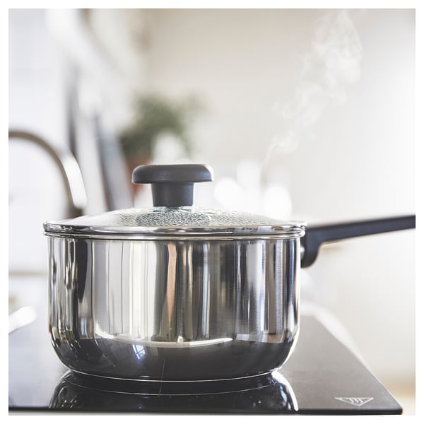 MIDDAGSMAT saucepan with lid, clear glass/stainless steel, 2 l