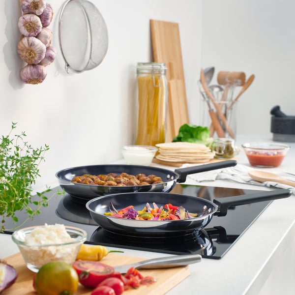 MIDDAGSMAT frying pan, set of 2, non-stick coating/stainless steel