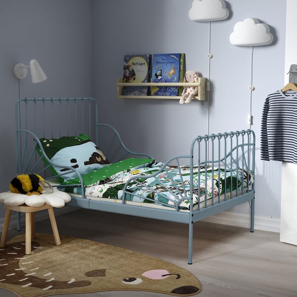 MINNEN ext bed frame with slatted bed base, grey-blue, 80x200 cm