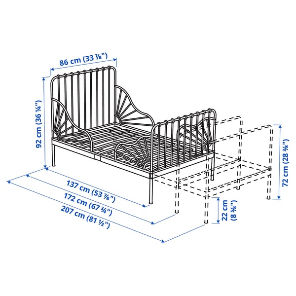 MINNEN - Ext bed frame with slatted bed base, grey-blue, 80x200 cm
