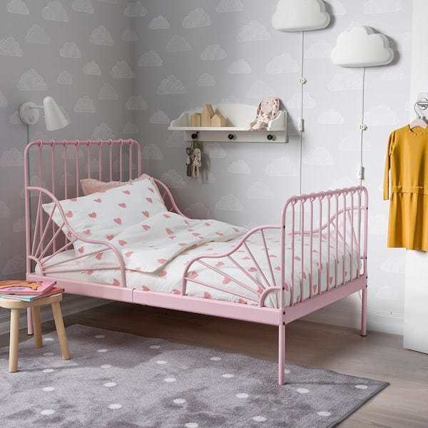 Ikea MINNEN - Ext bed frame with slatted bed base, light pink, 80x200 cm