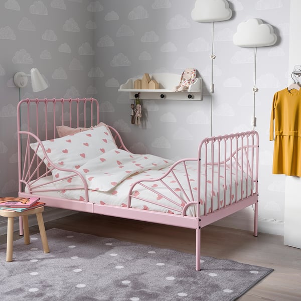 MINNEN - MINNEN Ext bed frame with slatted bed base, light pink, 80x200 cm