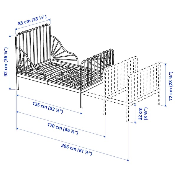 Ikea MINNEN - Ext bed frame with slatted bed base, light pink, 80x200 cm