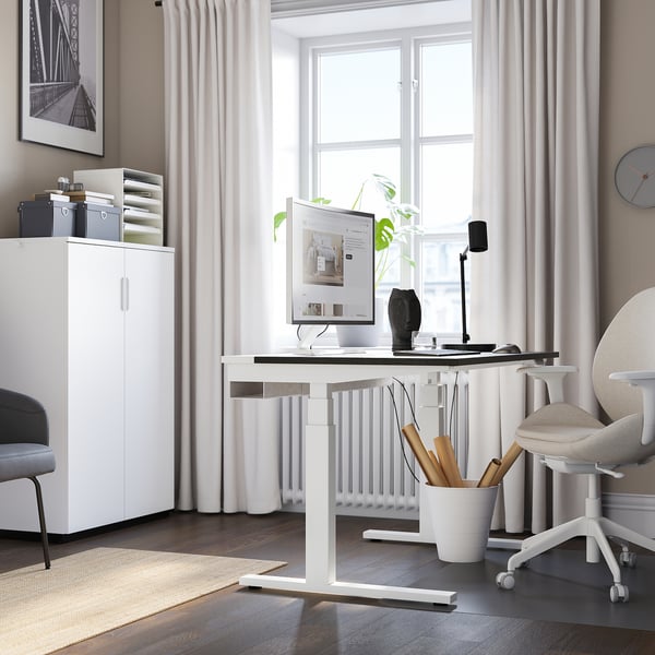 MITTZON desk sit/stand, electric black stained ash veneer/white, 120x80 cm