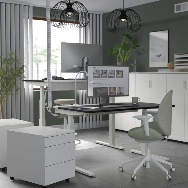 MITTZON desk sit/stand, electric black stained ash veneer/white, 140x60 cm