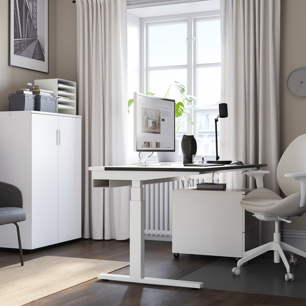 MITTZON desk sit/stand, electric black stained ash veneer/white, 160x60 cm