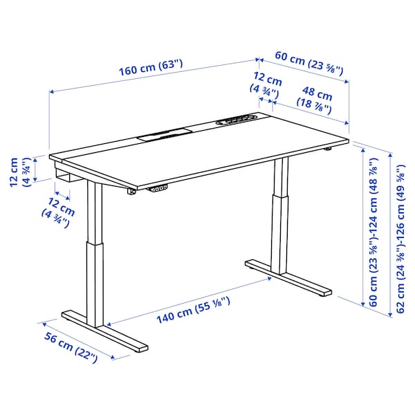 MITTZON - Height-adjustable desk, electric ash veneer/black/white,160x60 cm