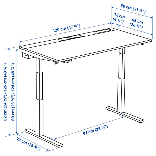 MITTZON desk sit/stand, electric black stained ash veneer/black white, 120x80 cm