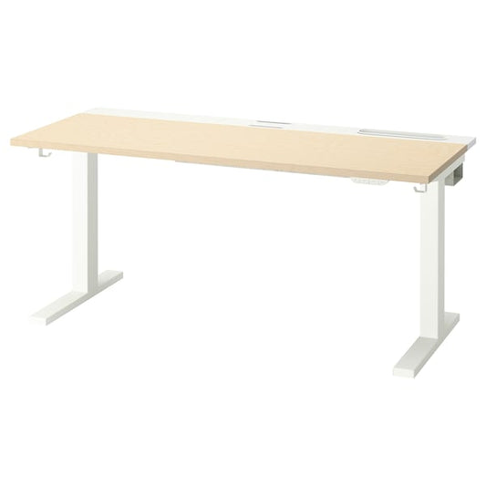 MITTZON - Height-adjustable desk, electric birch veneer/white,140x60 cm