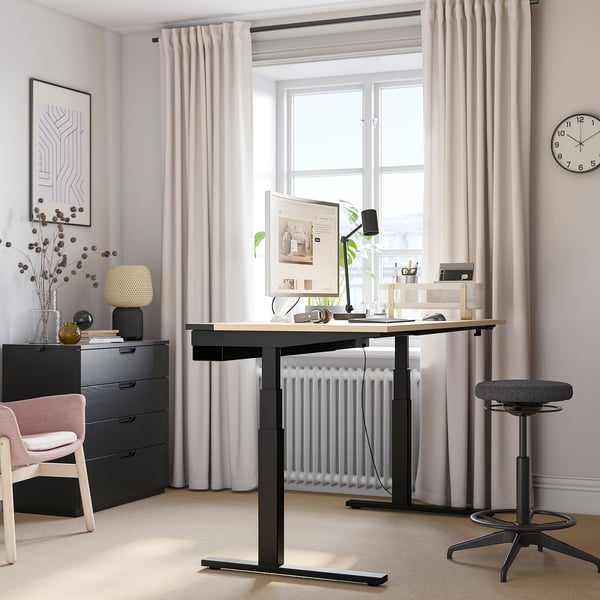 MITTZON - Height-adjustable desk, electric birch veneer/black,160x60 cm