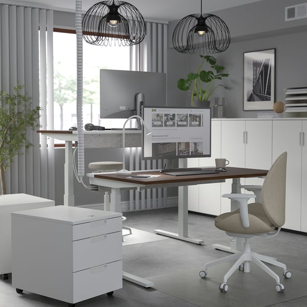 MITTZON desk sit/stand, electric walnut veneer/white, 140x60 cm