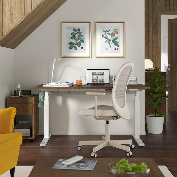 MITTZON - Height-adjustable desk, electric walnut veneer/white,140x60 cm