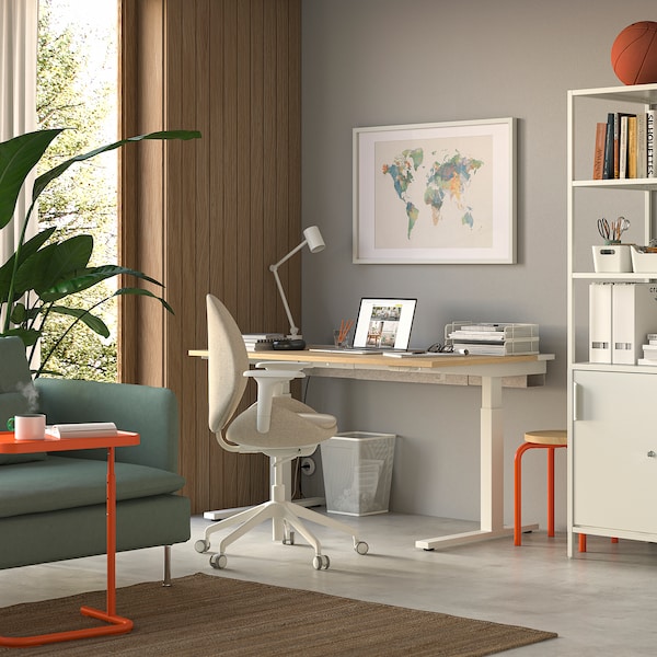 MITTZON - Height-adjustable desk, electric oak veneer/white,140x80 cm