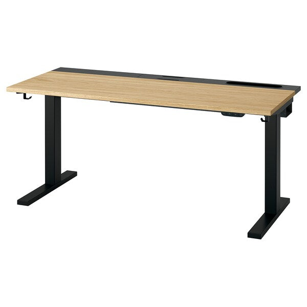 MITTZON - Height-adjustable desk, electric oak veneer/black,140x60 cm