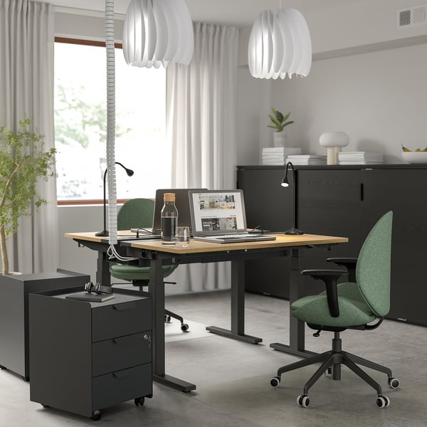 MITTZON - Height adjustable desk, electric oak veneer/black,120x80 cm