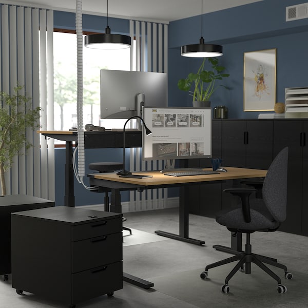 MITTZON - Height-adjustable desk, electric oak veneer/black,140x60 cm