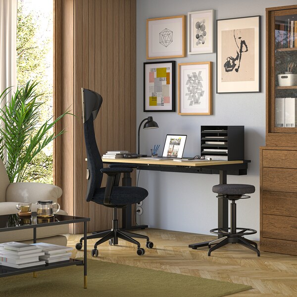 MITTZON - Height adjustable desk, electric oak veneer/black,140x80 cm