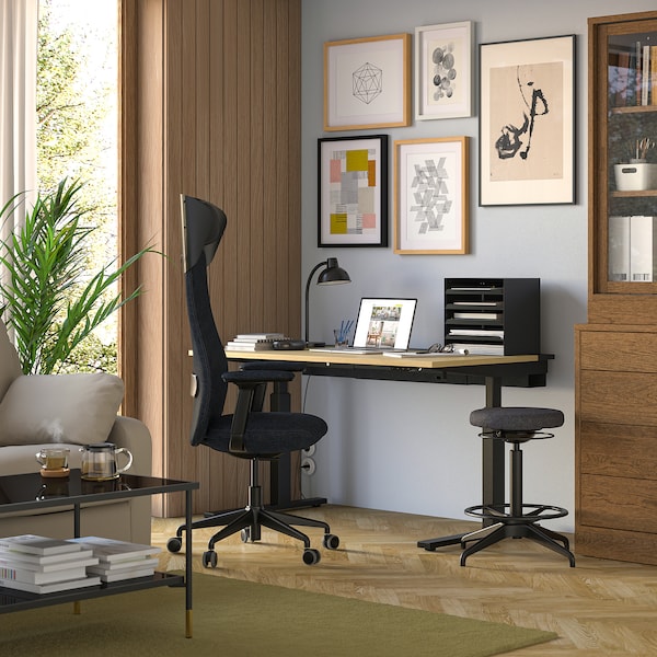 MITTZON - Height adjustable desk, electric oak veneer/black,140x80 cm