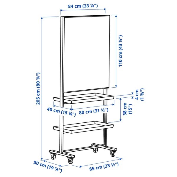 MITTZON frm w cstrs/whtbrd/disp shlf/cbl bx, white, 85x205 cm