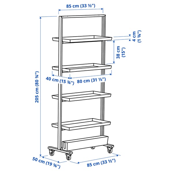 MITTZON frame w castors/disp shlf/cable box, white, 85x205 cm