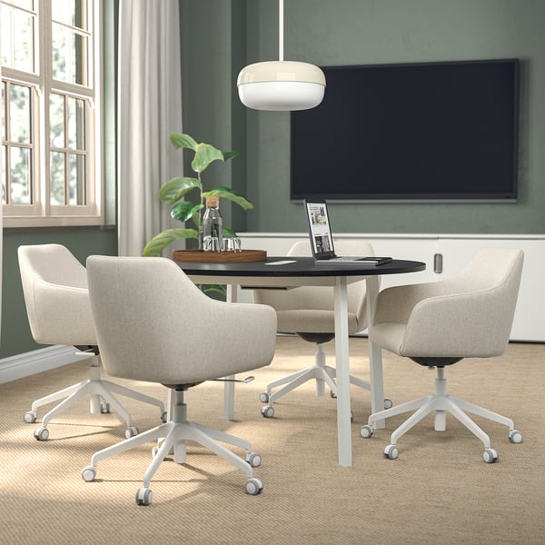 MITTZON conference table, round black stained ash veneer/white, 120x75 cm