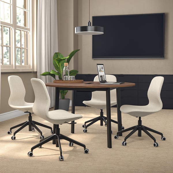 MITTZON conference table, round walnut veneer/black, 120x75 cm