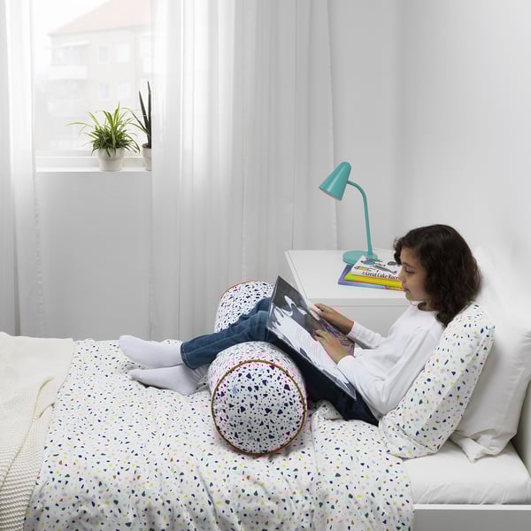 MÖJLIGHET duvet cover and pillowcase, white/mosaic patterned, 150x200/50x80 cm