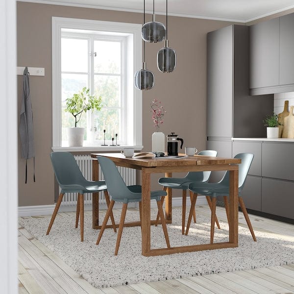 Ikea MÖRBYLÅNGA / GRÖNSTA - Table and 4 chairs, oak veneer brown stained/grey-turquoise, 140x85 cm