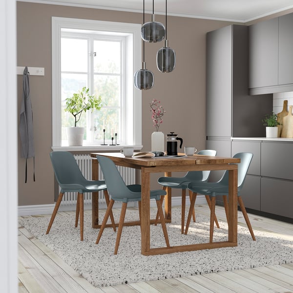 MÖRBYLÅNGA / GRÖNSTA table and 4 chairs, oak veneer brown stained/grey-turquoise, 140x85 cm