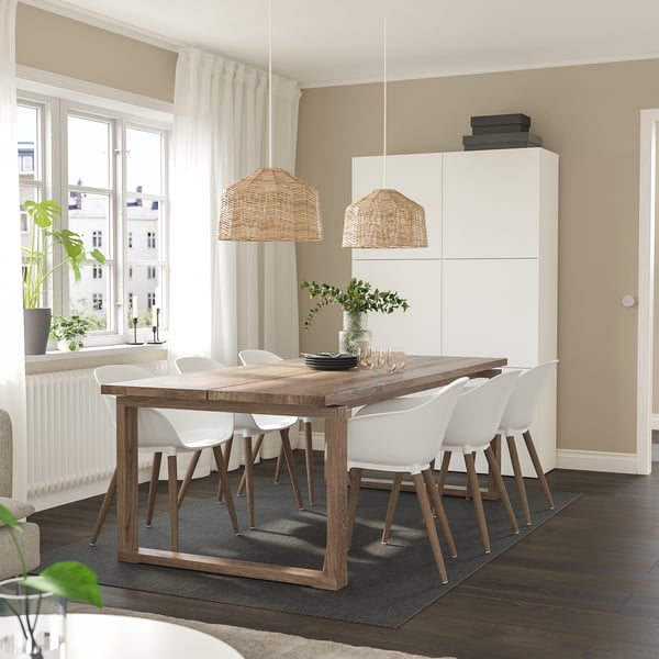 MÖRBYLÅNGA / GRÖNSTA table and 6 armchairs, oak veneer brown stained/white, 220x100 cm