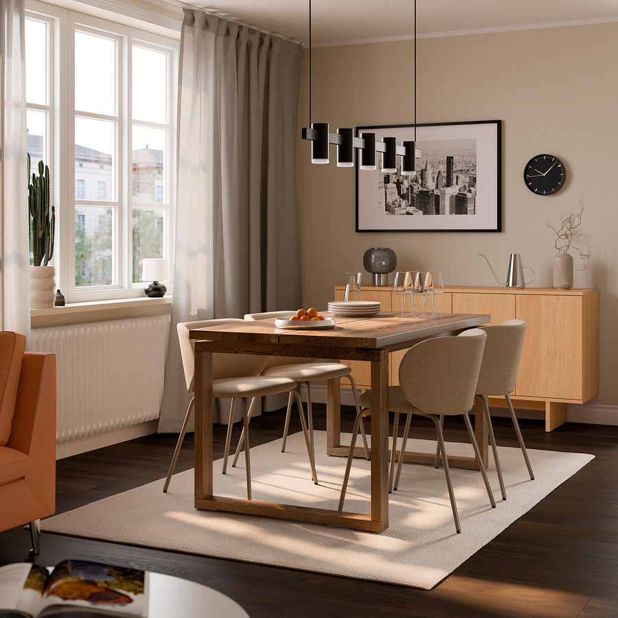 MÖRBYLÅNGA / KRYLBO table and 4 chairs, oak veneer brown stained/Tonerud dark beige, 140x85 cm