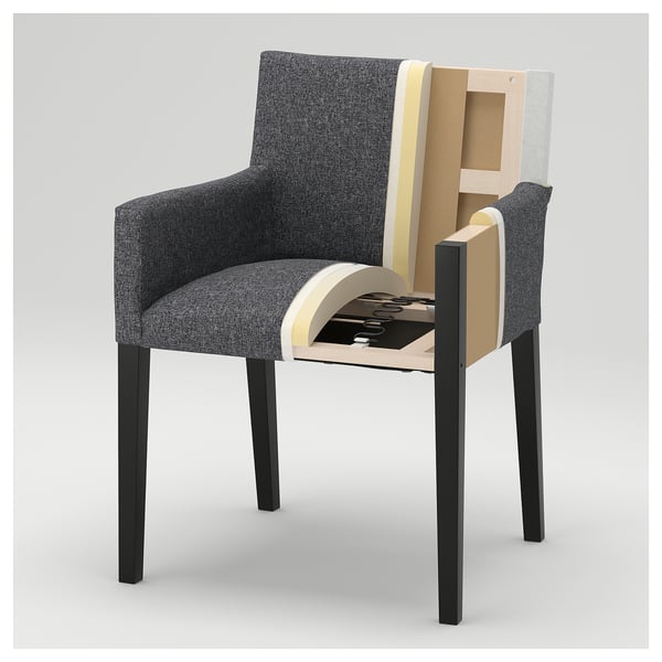 MÖRBYLÅNGA / MÅRENÄS table and 4 chairs with armrests, oak veneer brown stained/black Gunnared dark grey, 145 cm