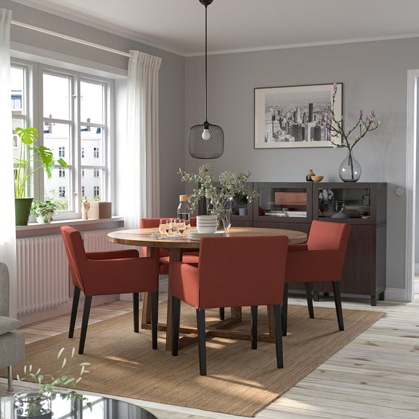 MÖRBYLÅNGA / MÅRENÄS table and 4 chairs with armrests, oak veneer black/Gunnared red-brown, 145 cm