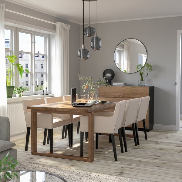 MÖRBYLÅNGA / MÅRENÄS table and 6 armchairs, oak veneer brown stained/black Gunnared beige, 220 cm
